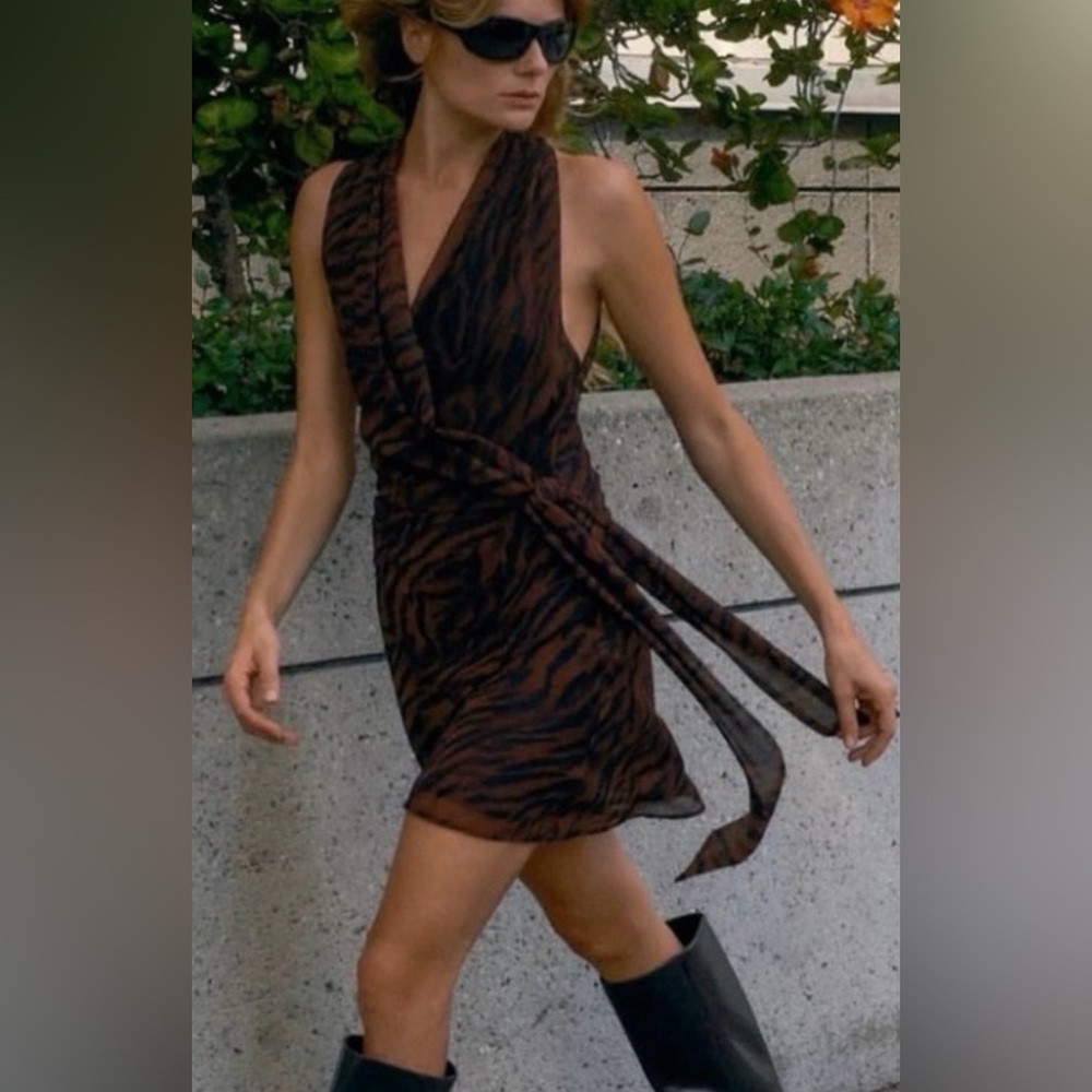 Zara Brown Zebra Print Mini Dress NWT